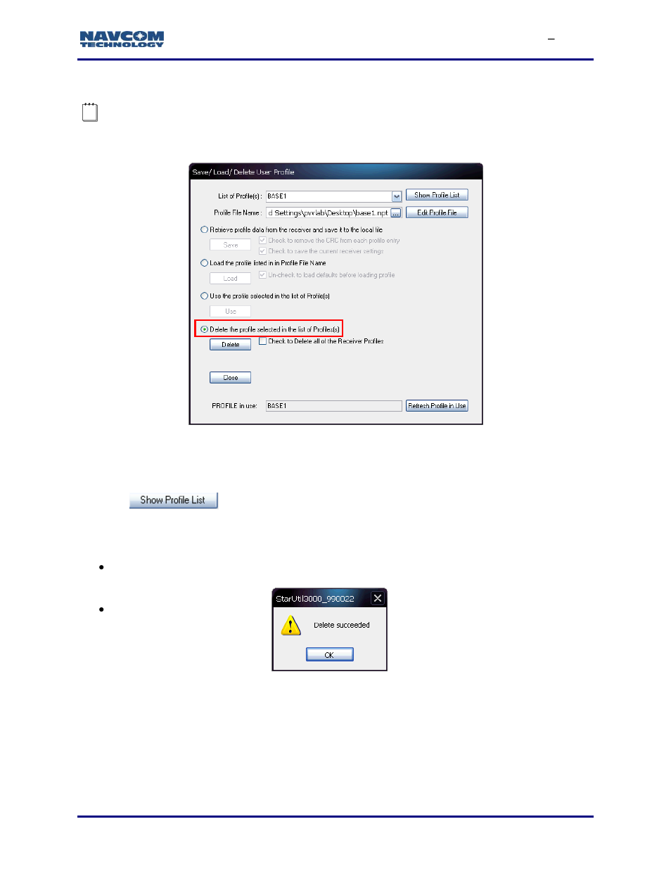 Delete a selected profile/all profiles, Delete one profile stored in the receiver | NavCom StarUtil-3000 Rev.G User Manual | Page 107 / 177