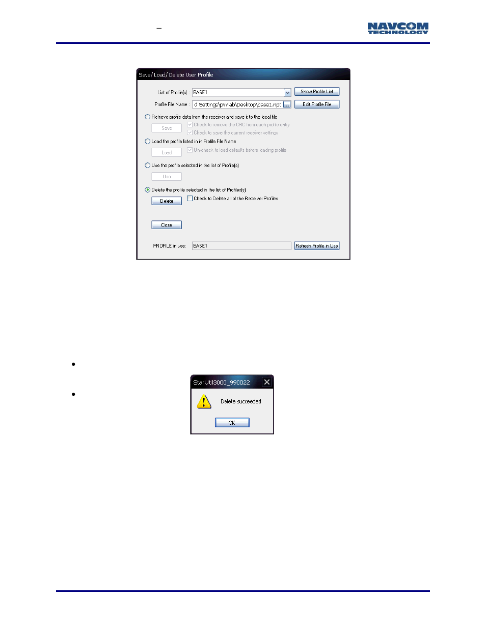 Delete all user profiles stored in the receiver, Factory default output messages, Figure 104: delete all profiles from the receiver | NavCom StarUtil-3000 Rev.G User Manual | Page 108 / 177