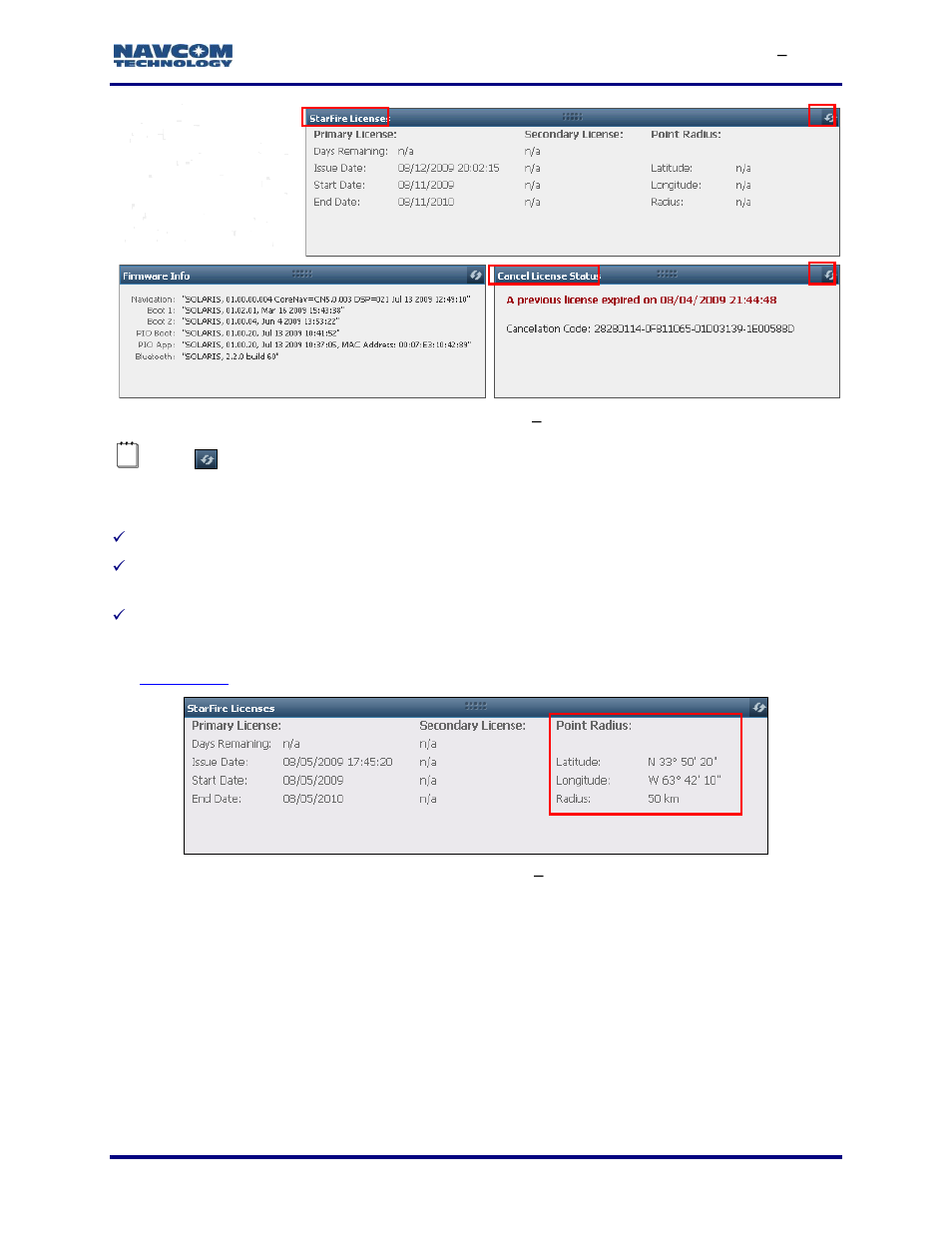 Starfire licenses window, Cancel license status window, How to cancel the starfire license | Figure 113: receiver options tab, Starfire licenses, Figure 114: starfire licenses, Point radius | NavCom StarUtil-3000 Rev.G User Manual | Page 119 / 177