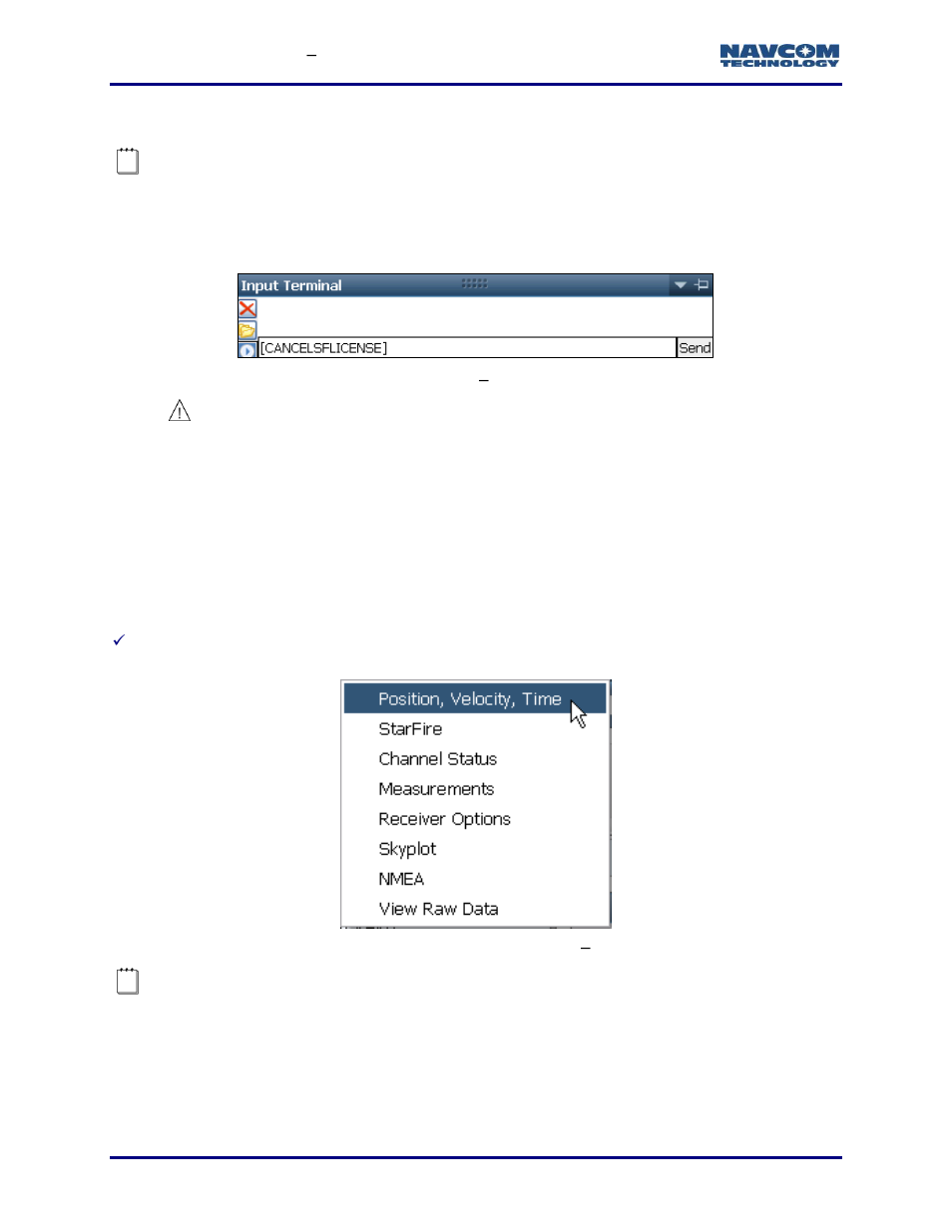 Starfire performance, Confirm starfire navigation, Figure 115: input terminal | Cancel starfire license, Figure 116: detailed views menu, Starfire performance ) | NavCom StarUtil-3000 Rev.G User Manual | Page 120 / 177