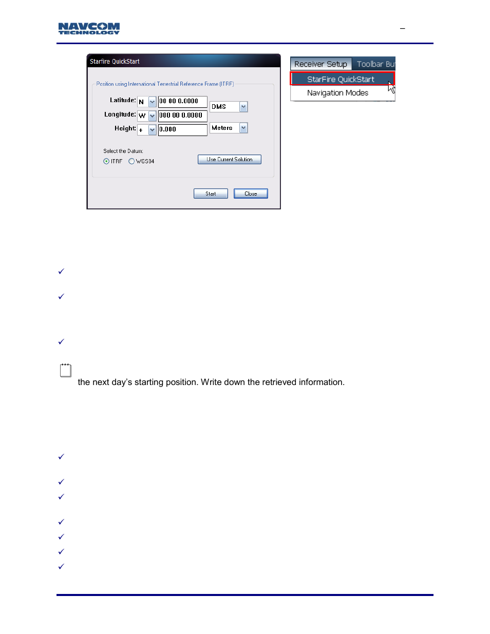 Example of quickstart use, Figure 125: starfire quickstart dialog box | NavCom StarUtil-3000 Rev.G User Manual | Page 127 / 177