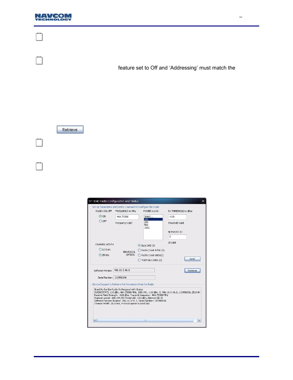 Retrieve current radio settings (sf-3040), Figure 131: sf-3040 radio configuration and status, E figure 131) | NavCom StarUtil-3000 Rev.G User Manual | Page 141 / 177