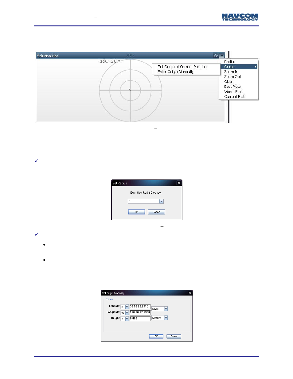 Solution plot, Menu options, Figure 139: pvt tab | Figure 140: solution plot, Set radius | NavCom StarUtil-3000 Rev.G User Manual | Page 150 / 177