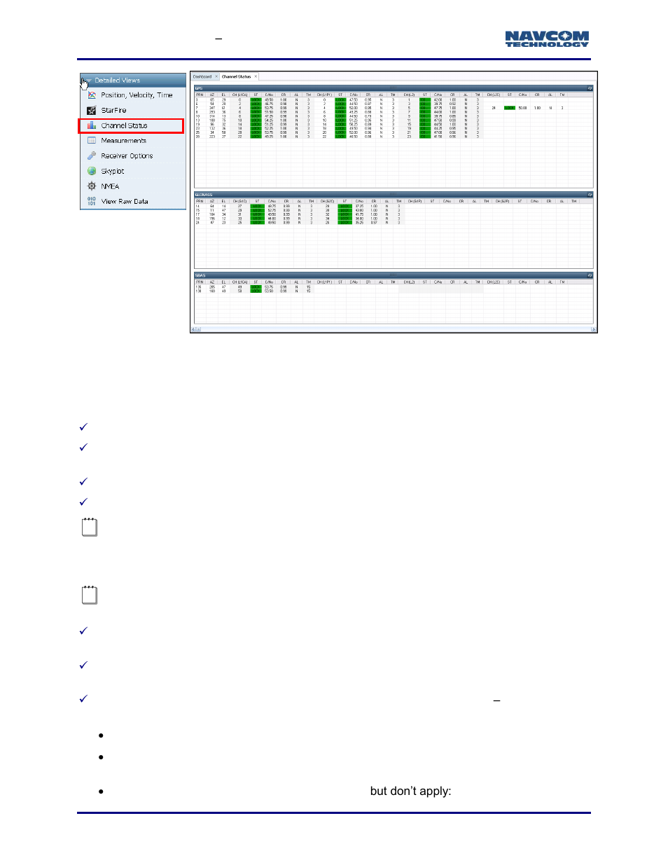 Description of data, Figure 143: channel status tab | NavCom StarUtil-3000 Rev.G User Manual | Page 152 / 177