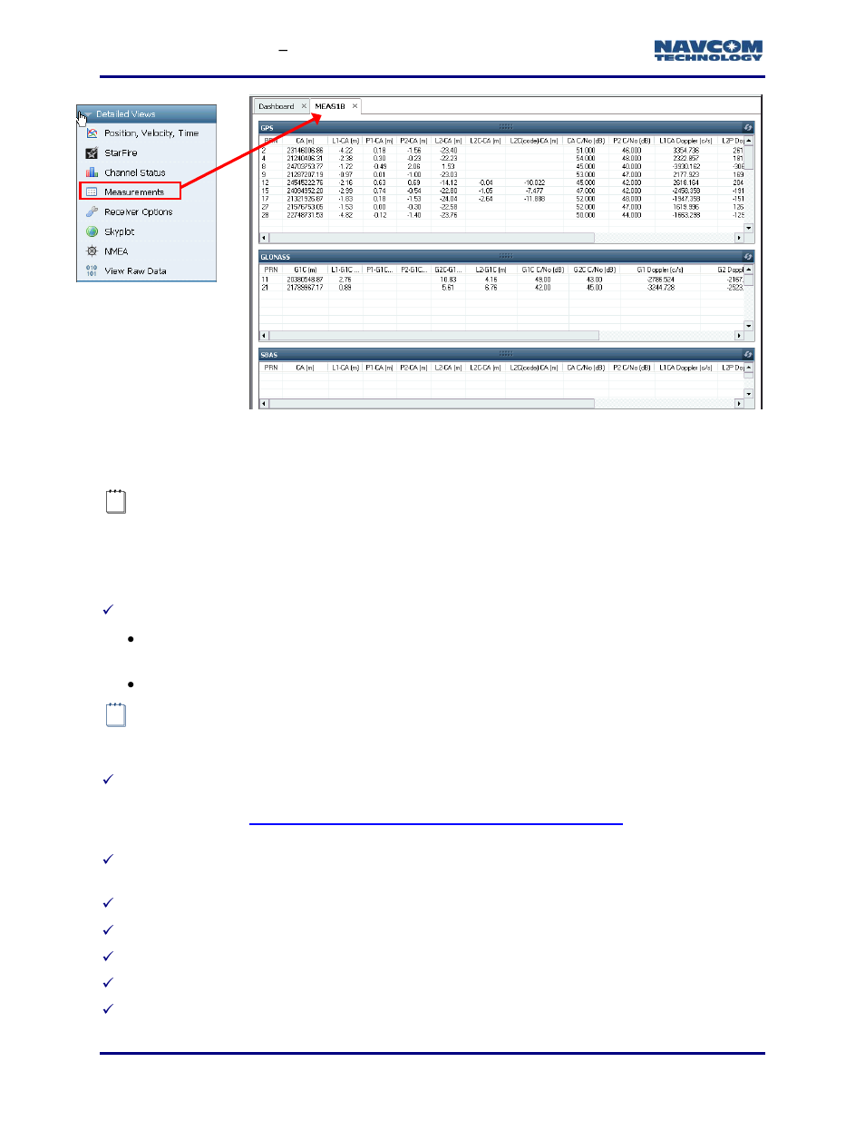 Description of data, Gps/sbas, Figure 144: meas1b tab | Figure 144) | NavCom StarUtil-3000 Rev.G User Manual | Page 154 / 177