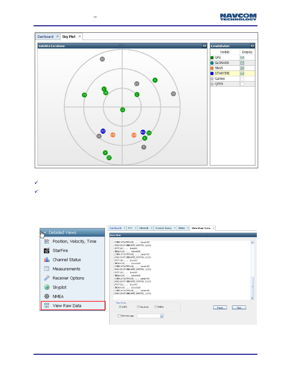 View raw data tab, Figure 145: sky plot tab, Figure 146: view raw data tab | NavCom StarUtil-3000 Rev.G User Manual | Page 156 / 177