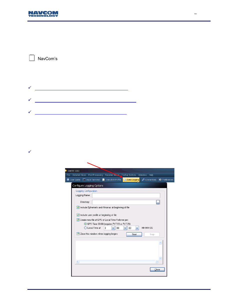 Chapter 10 data logging, Logging data to a pc, Configure logging options | Chapter 10, Data logging | NavCom StarUtil-3000 Rev.G User Manual | Page 159 / 177