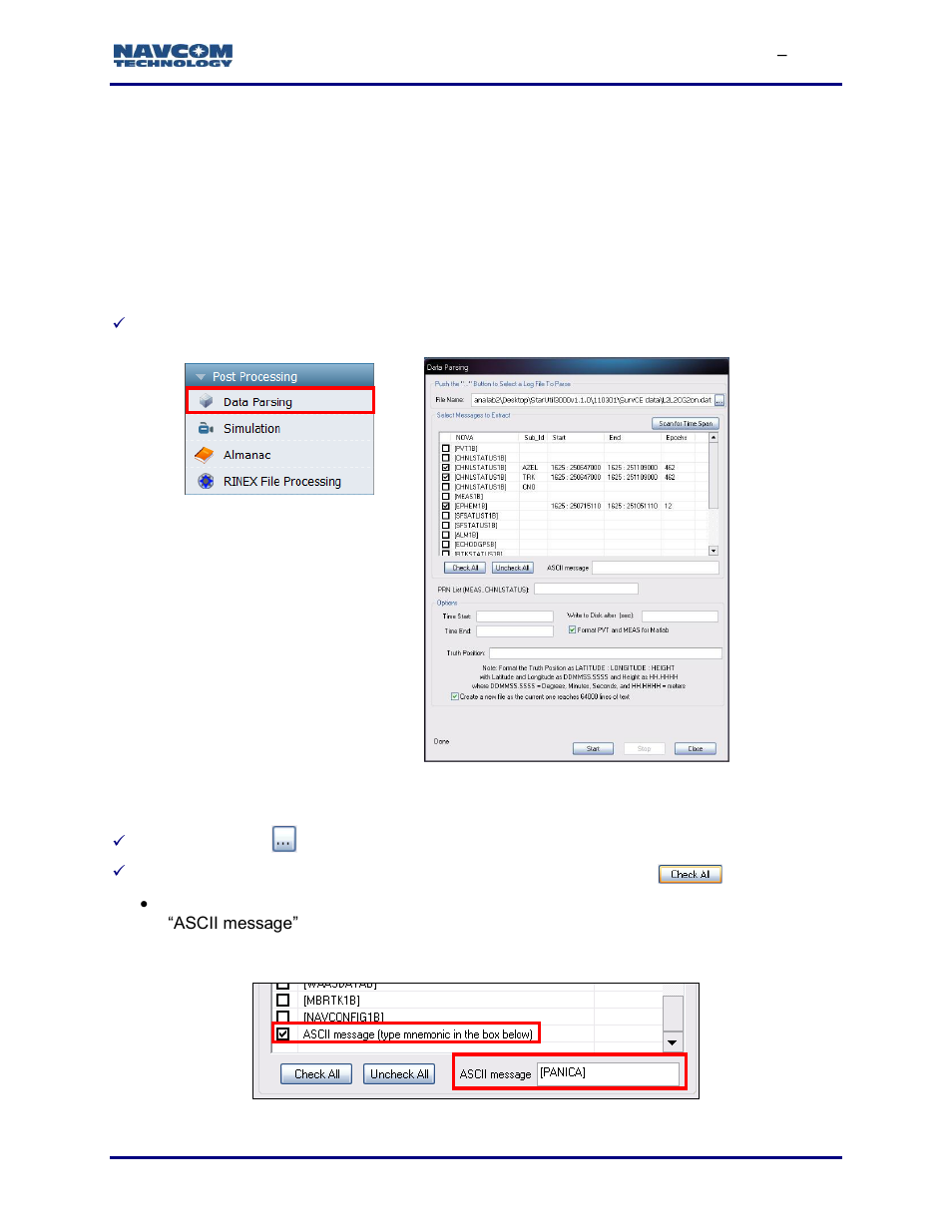 Chapter 11 post processing, Data parsing, Figure 153: data parsing window | Figure 154: data parsing ascii message, Chapter 11, Post processing, Chapter 11 post processing/data parsing | NavCom StarUtil-3000 Rev.G User Manual | Page 165 / 177