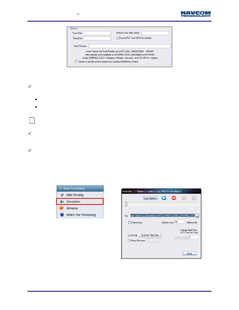 Simulation, Figure 155: data parsing options, Figure 156: simulation dialog box | NavCom StarUtil-3000 Rev.G User Manual | Page 166 / 177