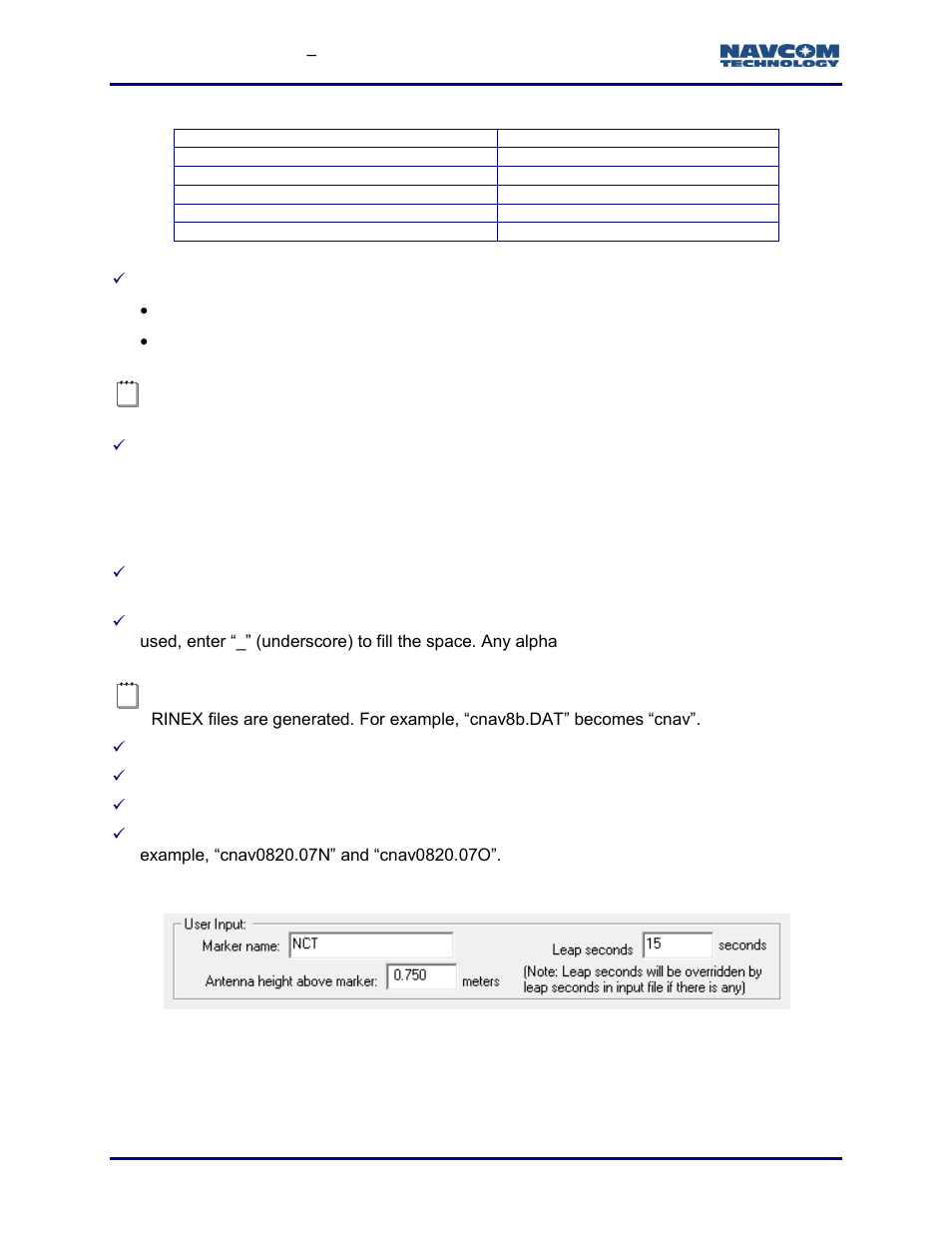 Rinex file naming conventions, User input, Figure 160: user input area | Table 16: rinex utility defaults, Rinex file naming conventions ), Table 16 | NavCom StarUtil-3000 Rev.G User Manual | Page 170 / 177