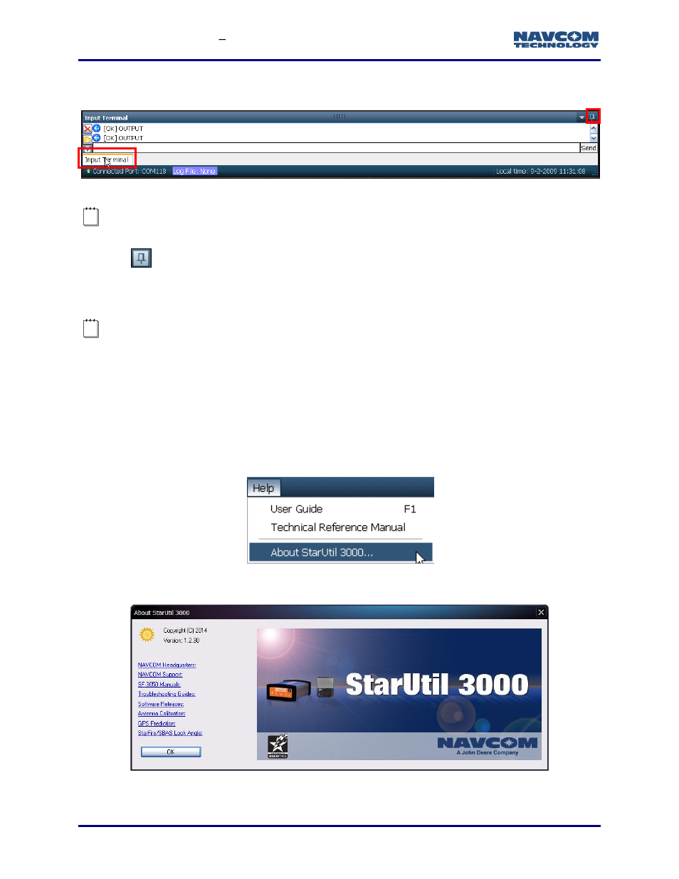 Menu bar, Help, Figure 7: cursor on tab opens hidden window | Figure 8: starutil help menu, Figure 9: about starutil 3000, Figure 8, Figure 9, Shortcut bar | NavCom StarUtil-3000 Rev.G User Manual | Page 30 / 177