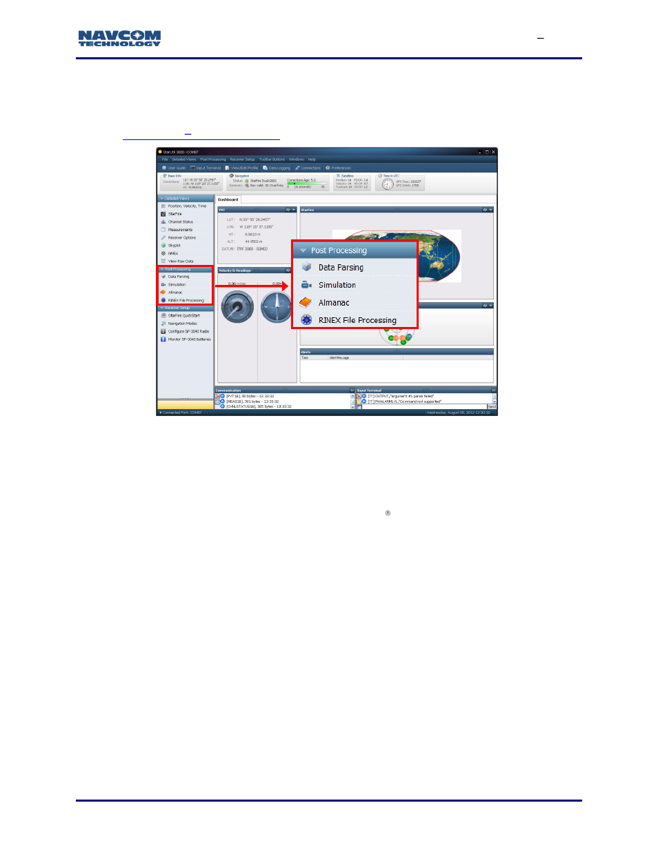 Post processing menu, Data parsing, Simulation | Almanac, Rinex file processing, Figure 20: post processing menu, Figure 20, Post, Processing | NavCom StarUtil-3000 Rev.G User Manual | Page 35 / 177