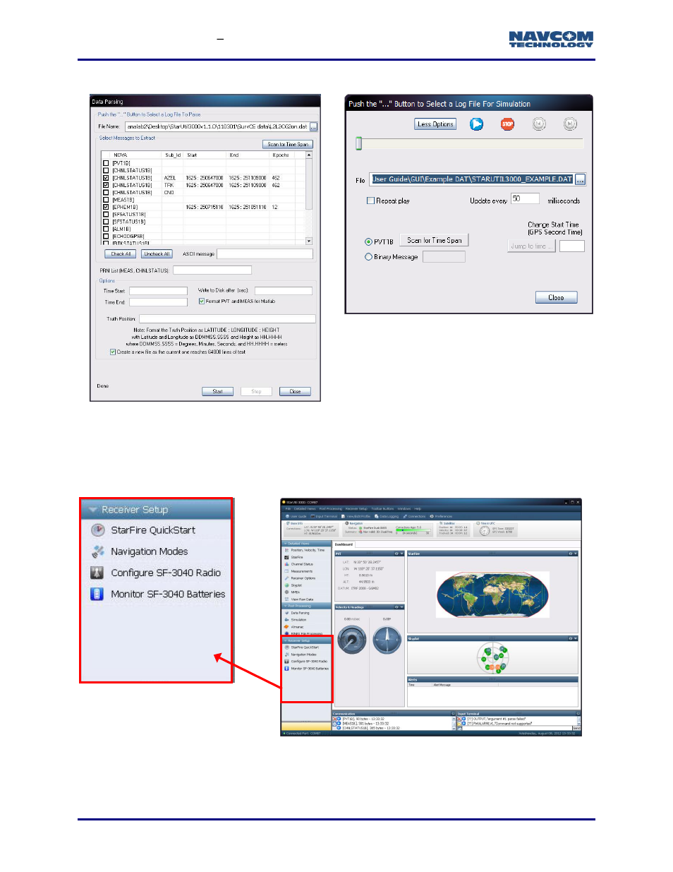 Receiver setup menu, Figure 21: data parsing and simulation, Figure 22: receiver setup menu | Figure 22, O figure 21 | NavCom StarUtil-3000 Rev.G User Manual | Page 36 / 177