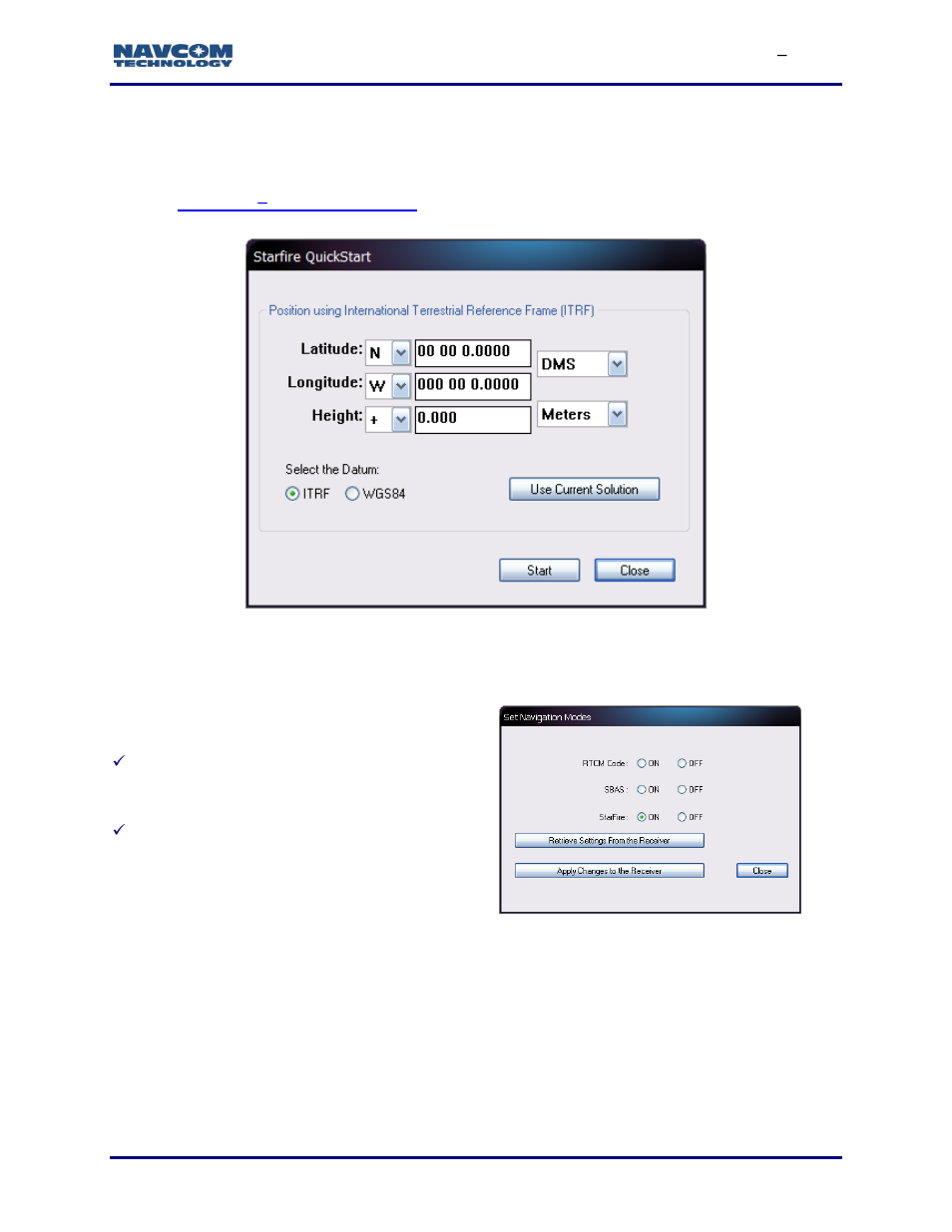 Starfire quickstart, Navigation modes, Communication window | Figure 23: starfire quickstart, Figure 24: set navigation modes, Navigation, Modes, Port data | NavCom StarUtil-3000 Rev.G User Manual | Page 37 / 177
