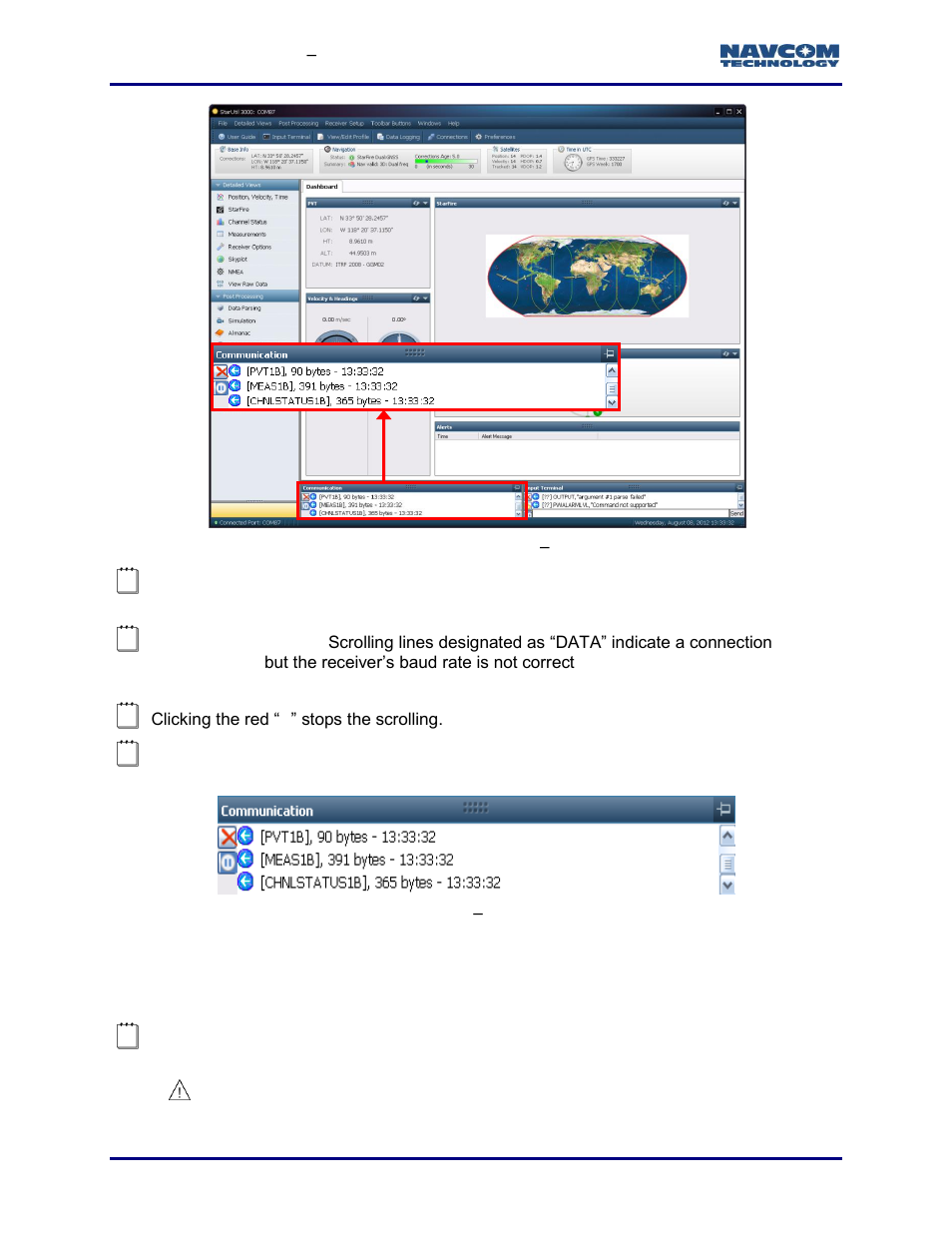 Input terminal, Figure 25: communication window, Valid connection | Figure 26: communication window, Connection at incorrect baud rate, Figure 25 | NavCom StarUtil-3000 Rev.G User Manual | Page 38 / 177