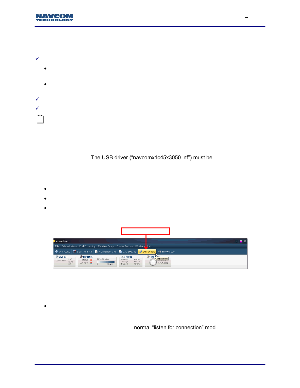 Chapter 2, Establish communications, Establish serial or usb device communications | Figure 29: connections button | NavCom StarUtil-3000 Rev.G User Manual | Page 41 / 177