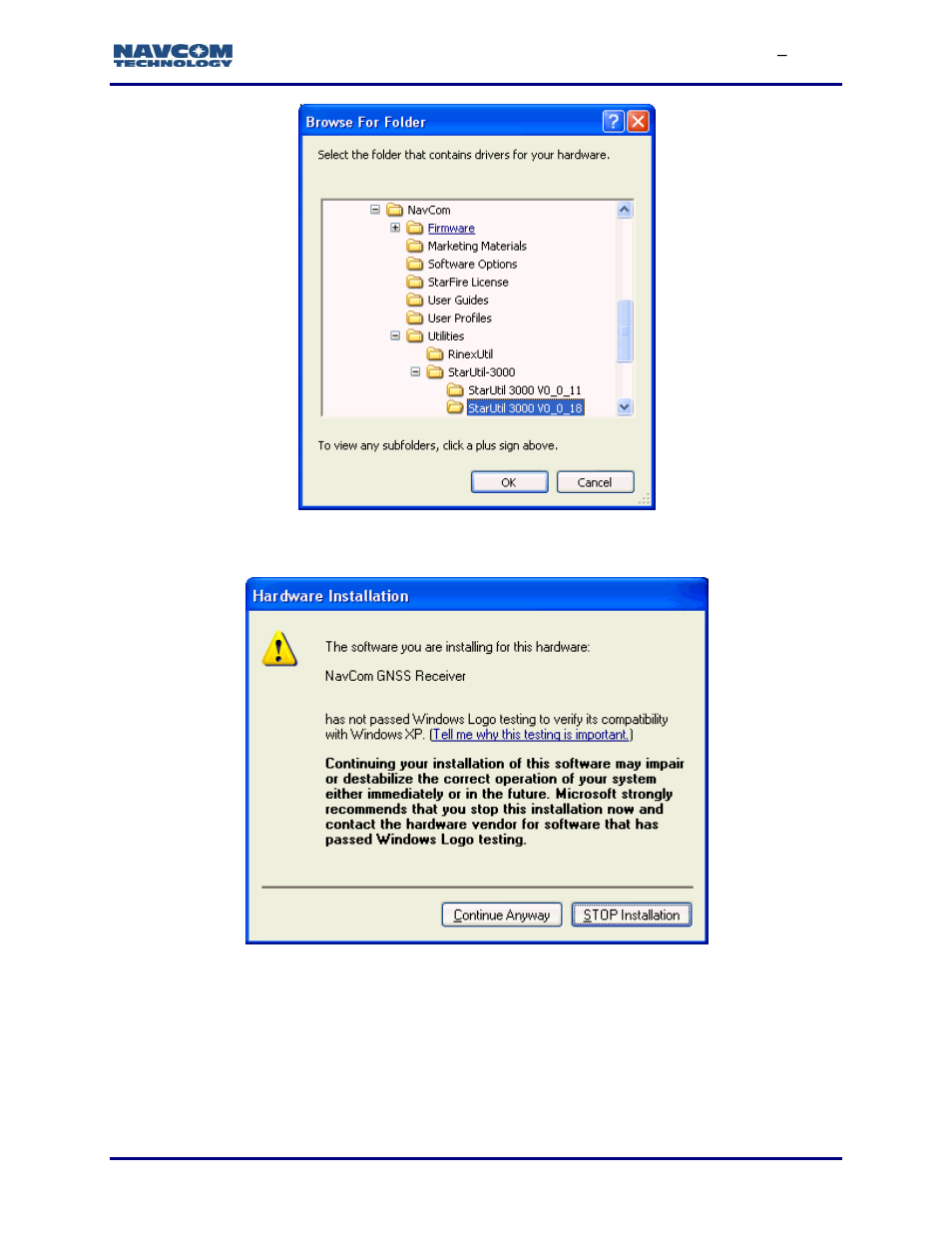 Figure 36: software installation warning message | NavCom StarUtil-3000 Rev.G User Manual | Page 45 / 177