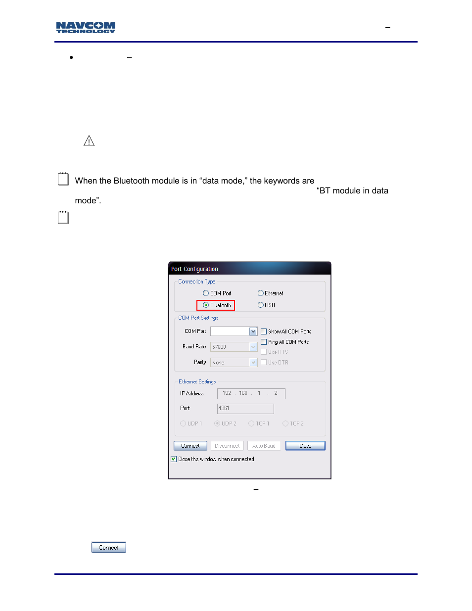 Figure 47: port configuration, Bluetooth settings | NavCom StarUtil-3000 Rev.G User Manual | Page 53 / 177