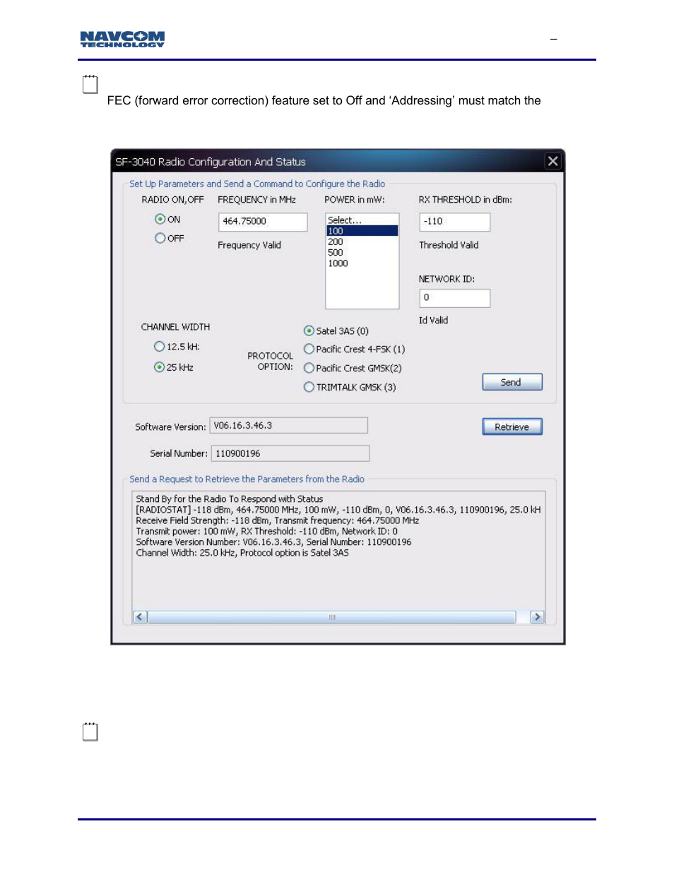 Request battery status (sf-3040), Figure 53: sf-3040 radio configuration and status | NavCom StarUtil-3000 Rev.G User Manual | Page 61 / 177