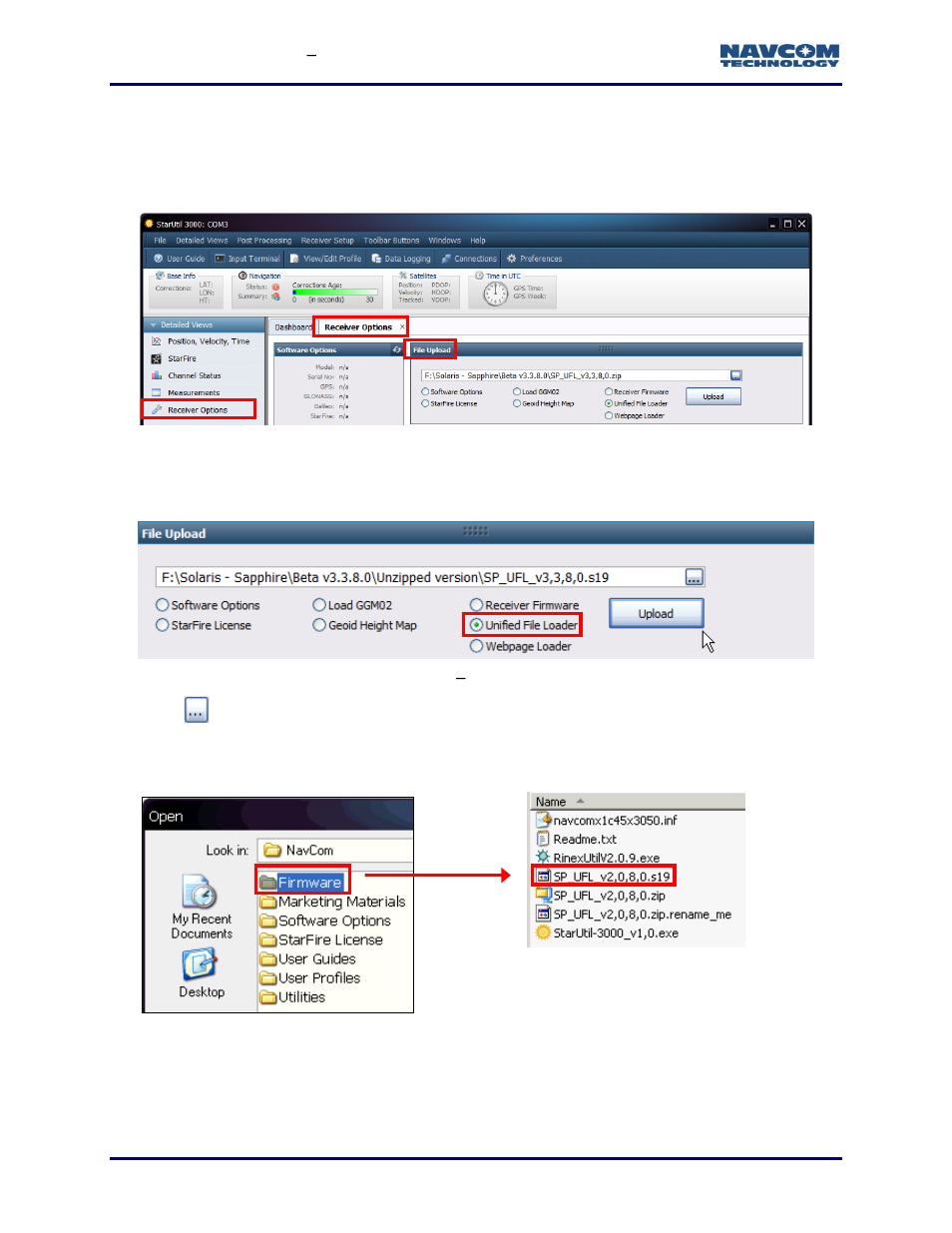 Upload a unified firmware file, Figure 64: receiver options tab, Figure 65: file upload | Unified file loader option, Figure 66: firmware folder and contents | NavCom StarUtil-3000 Rev.G User Manual | Page 68 / 177