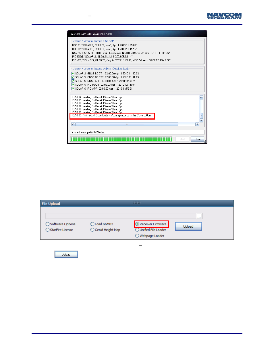 Upload a single firmware file (sf-3050), Figure 68: finished with all downline loads, Figure 69: file upload | Receiver firmware, Figure 68), Upload a single firmware file | NavCom StarUtil-3000 Rev.G User Manual | Page 70 / 177