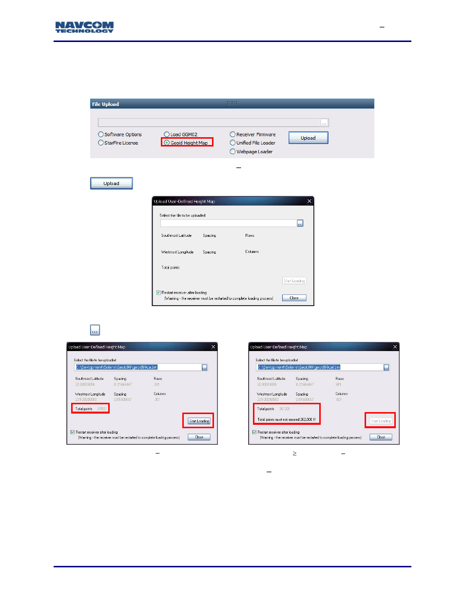 Upload a user-defined geoid height map, Figure 81: file upload, Geoid height map | Figure 82: upload user-defined height map, Figure 83: upload user-defined height map, File selected for upload, Figure 83 | NavCom StarUtil-3000 Rev.G User Manual | Page 79 / 177