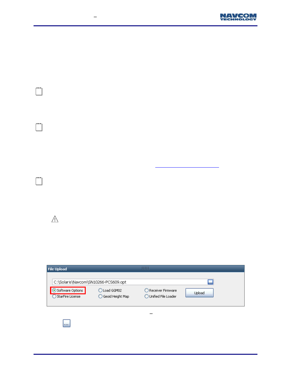 Chapter 5, Software options, How to purchase software options | Upload software options, Figure 85: file upload | NavCom StarUtil-3000 Rev.G User Manual | Page 86 / 177