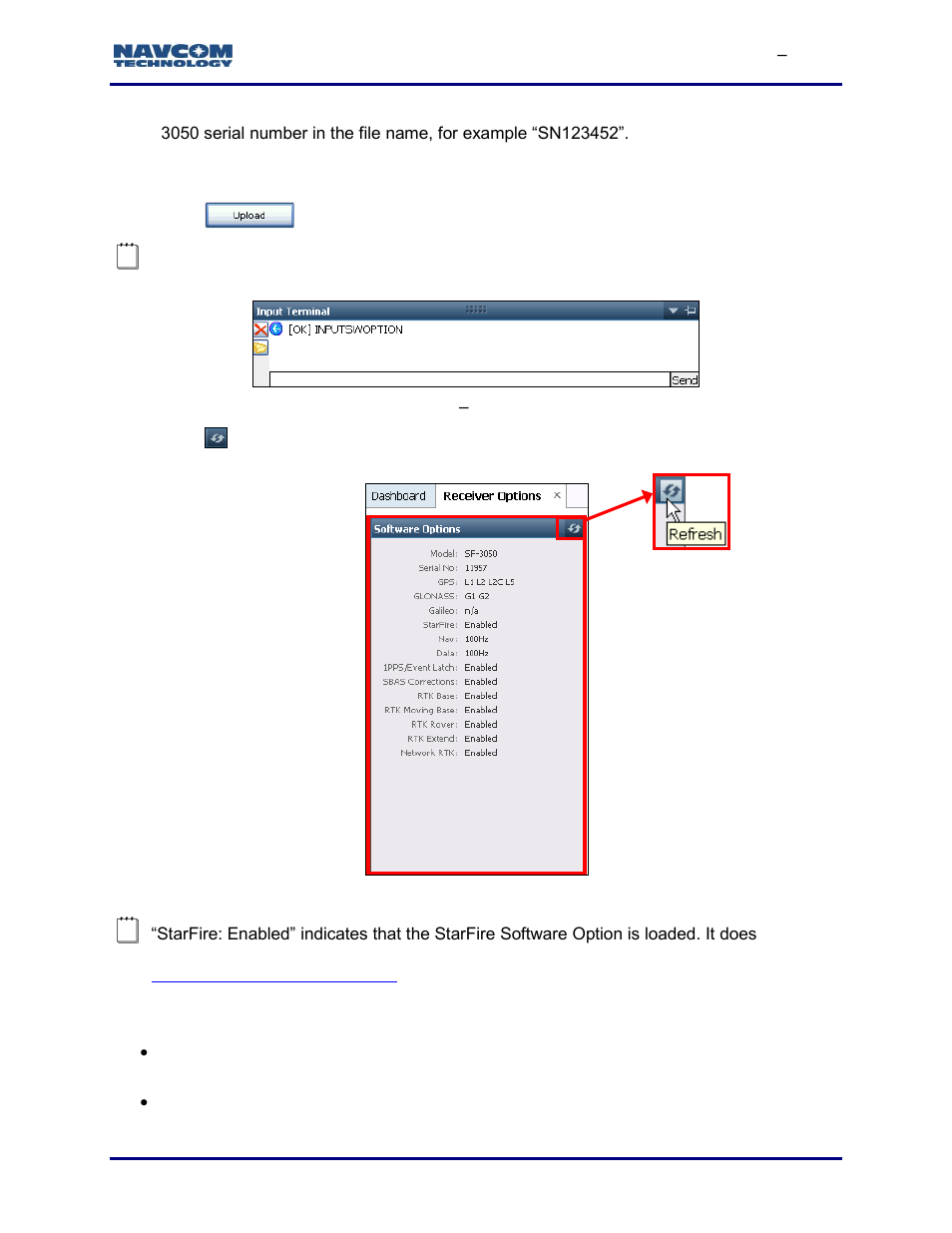 Figure 86: input terminal, Successful software upload, Figure 87: software options window | NavCom StarUtil-3000 Rev.G User Manual | Page 87 / 177