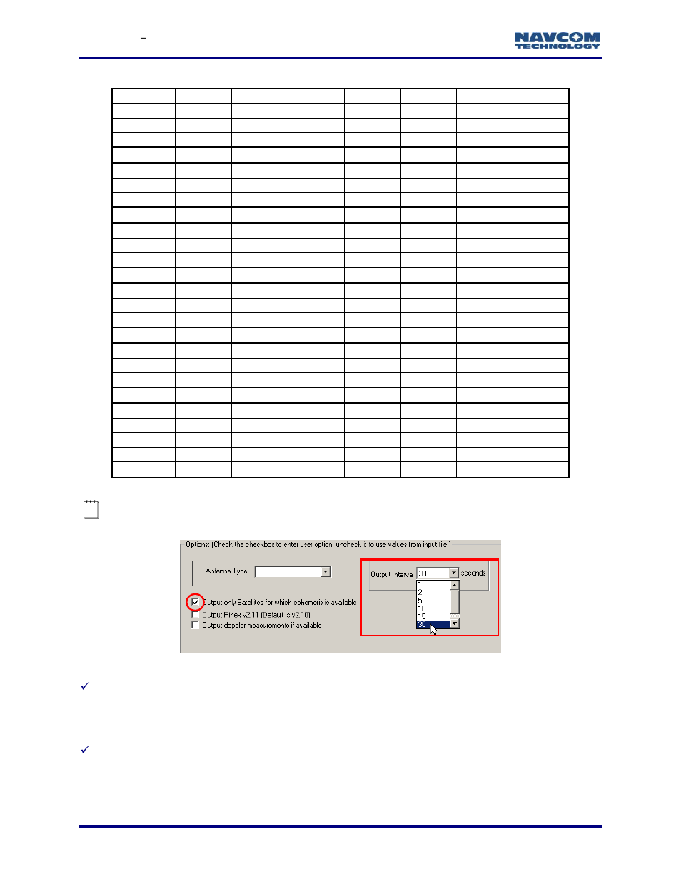 Figure 6: output interval and ephemeris option, Table 3: gps time | NavCom Rinex Utility Rev.D User Manual | Page 15 / 17