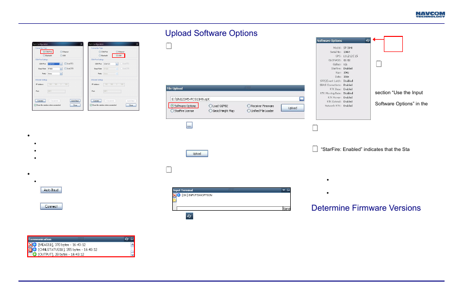 Upload software options, Determine firmware versions | NavCom SF-3040 Quick Start User Manual | Page 2 / 4
