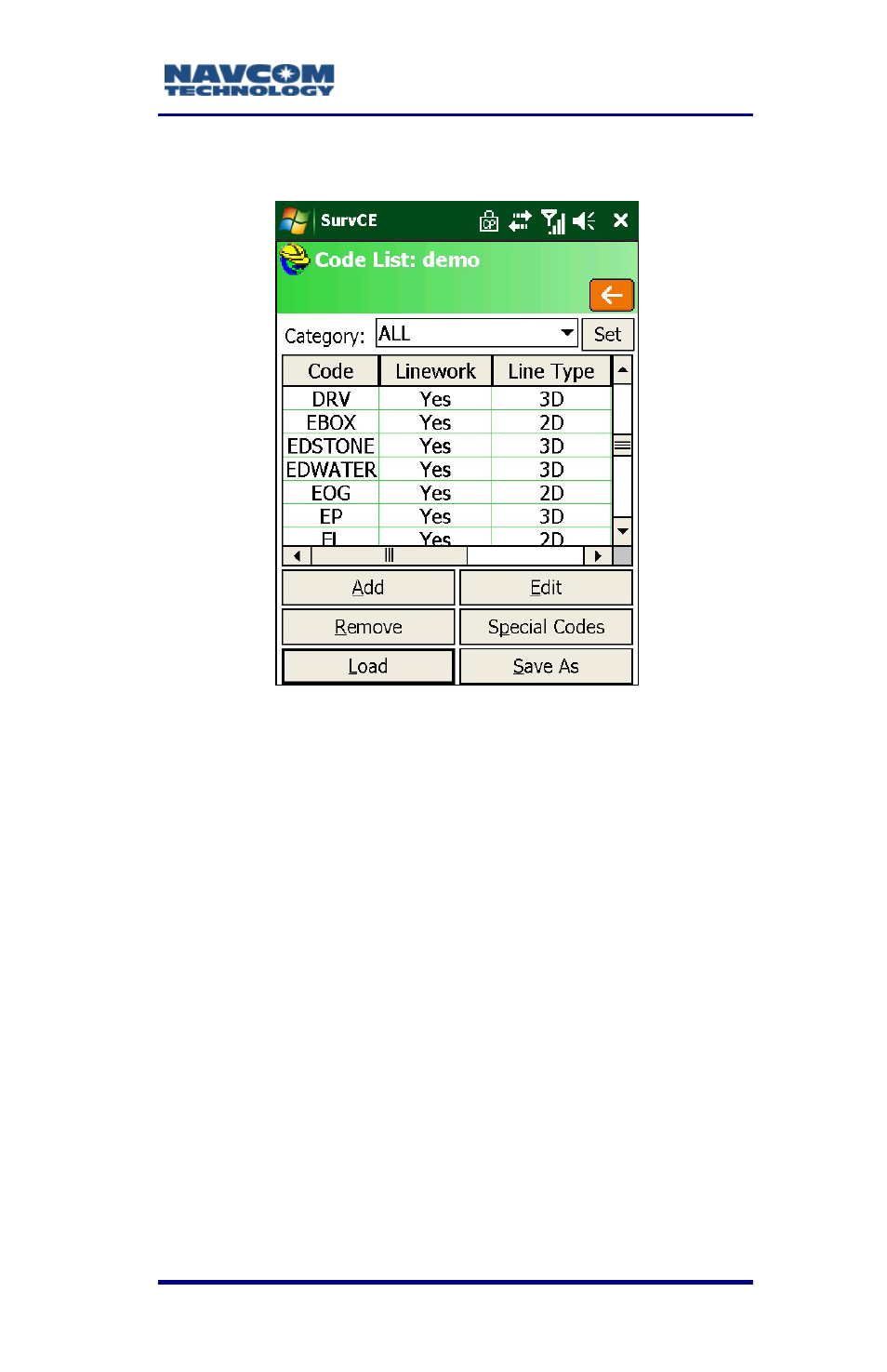 Feature code list, Cogo menu, Feature code list -111 | Cogo menu -111, Figure 68: file menu – feature code list | NavCom SurveCE Integration Rev.A User Manual | Page 113 / 150