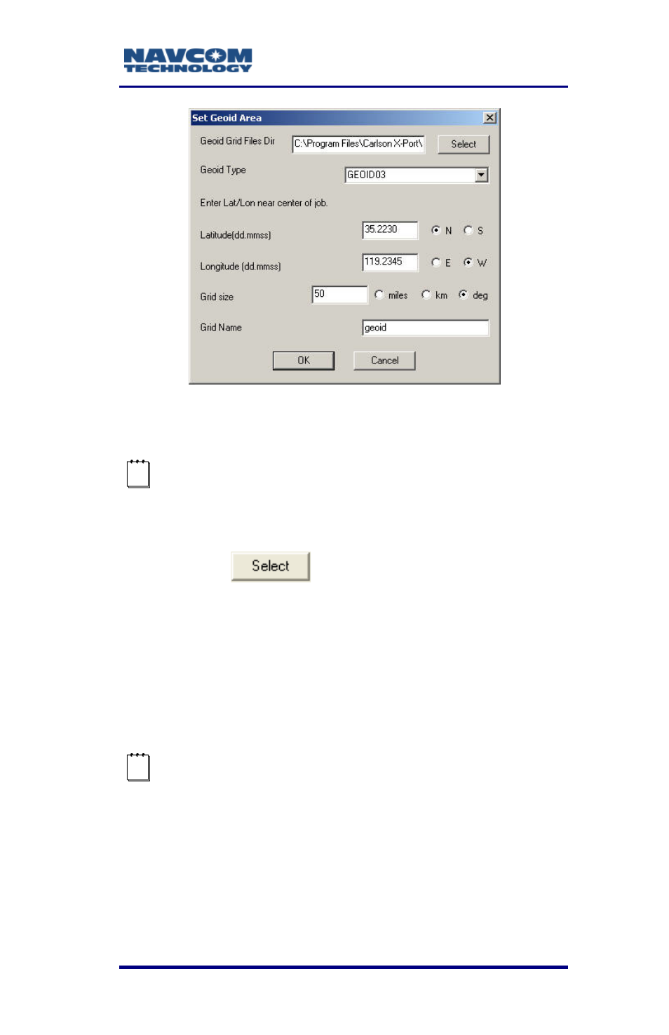 Figure 76: set geoid area window | NavCom SurveCE Integration Rev.A User Manual | Page 123 / 150