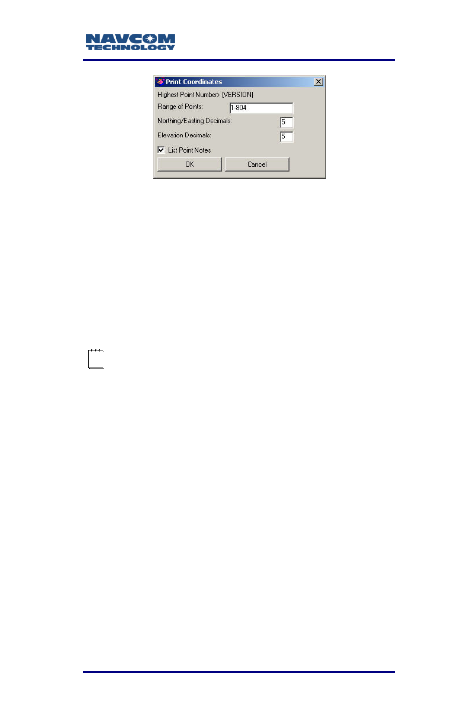 Figure 77: print coordinates window | NavCom SurveCE Integration Rev.A User Manual | Page 125 / 150