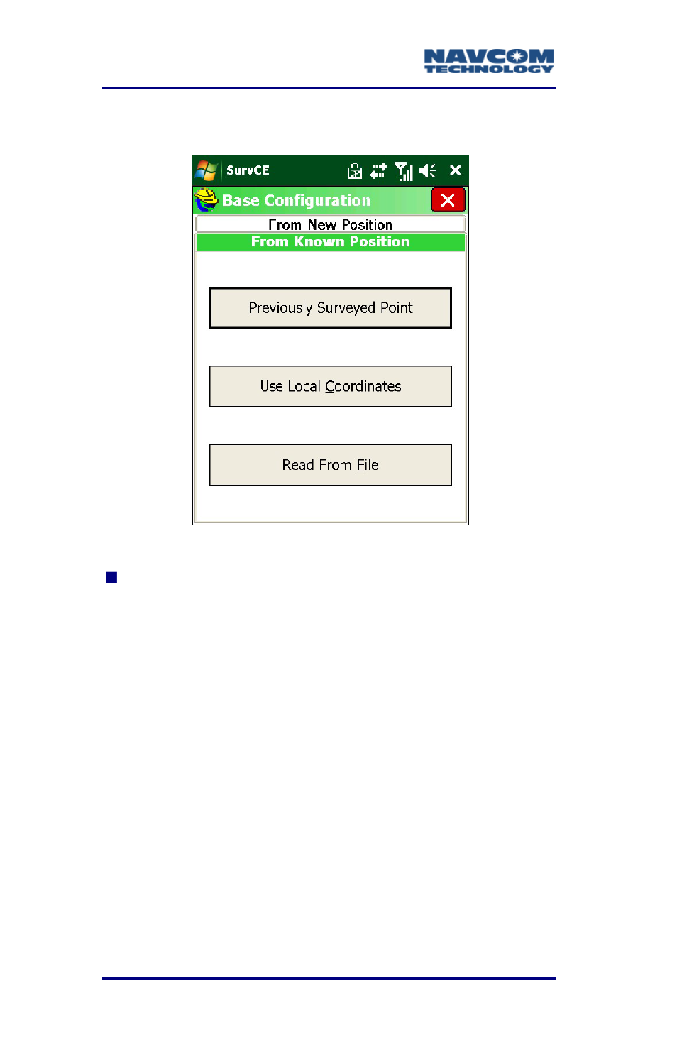 From known position tab, Figure 82: from (base) known position, A-136 | NavCom SurveCE Integration Rev.A User Manual | Page 138 / 150