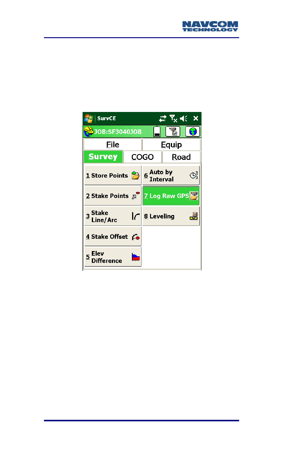 Log raw gps – static, Figure 86: survey menu – log raw gps, B-144 | NavCom SurveCE Integration Rev.A User Manual | Page 146 / 150
