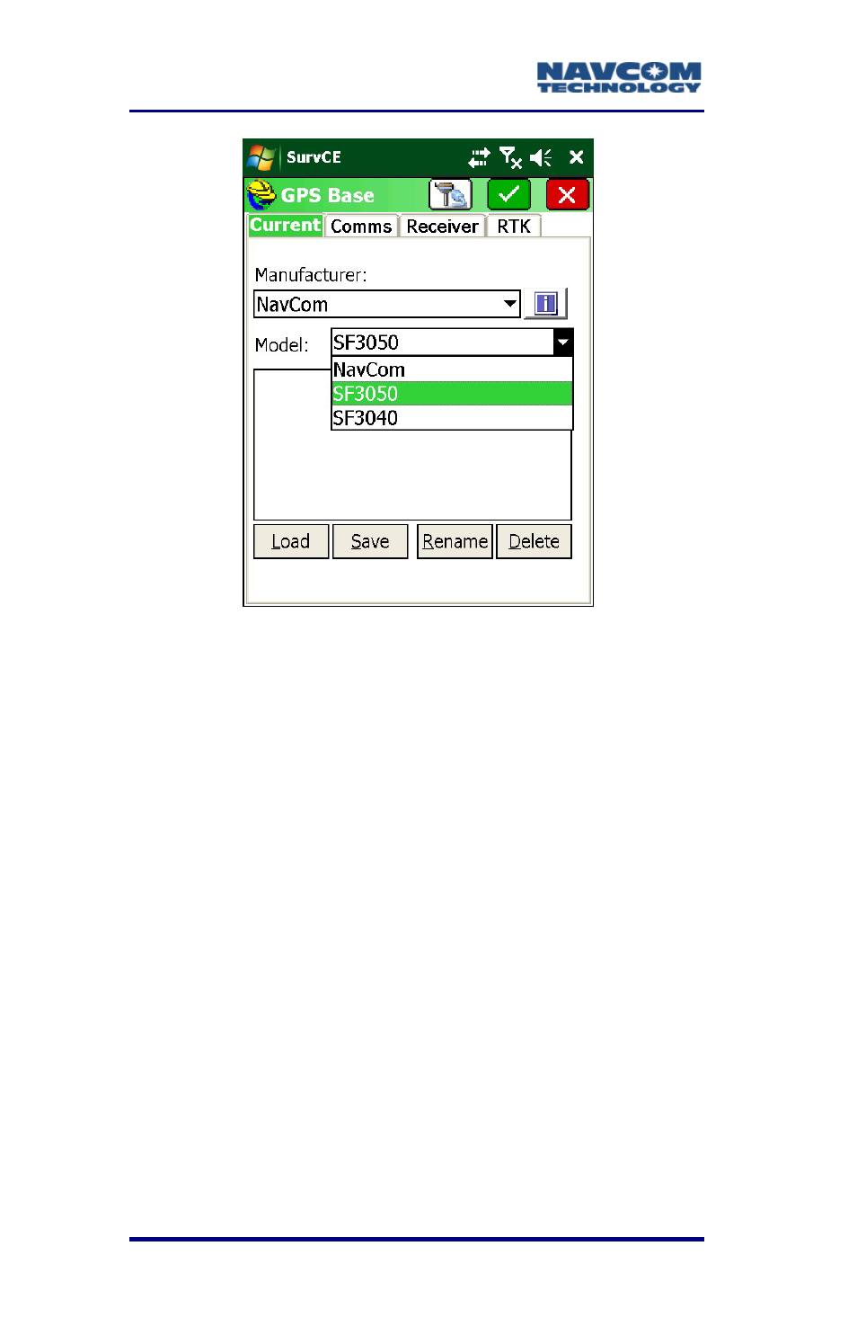 Figure 4: sample survce menu _tab layout | NavCom SurveCE Integration Rev.A User Manual | Page 32 / 150