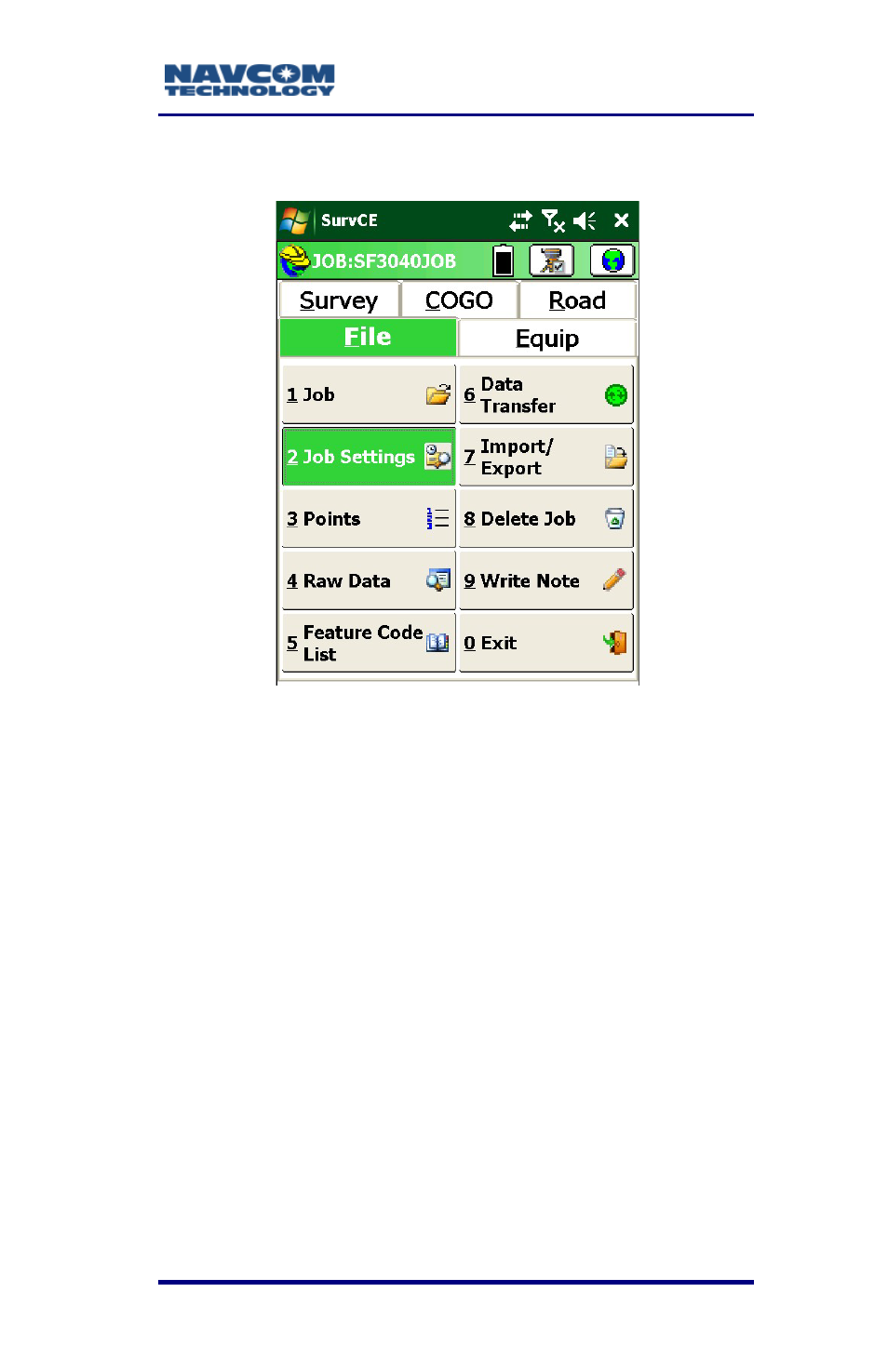 Job settings, Job settings -37, Figure 9: file menu – job settings | NavCom SurveCE Integration Rev.A User Manual | Page 39 / 150