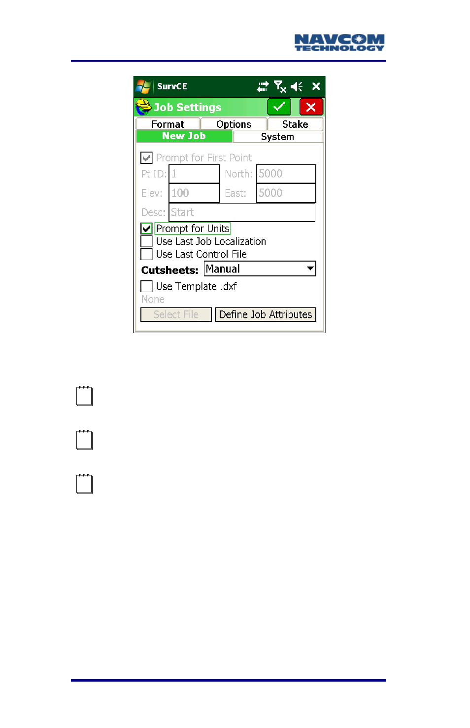 Figure 10: job settings submenu – new job tab | NavCom SurveCE Integration Rev.A User Manual | Page 40 / 150