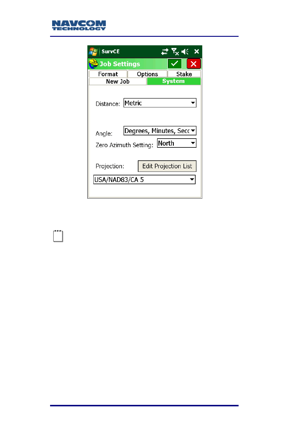 Figure 11: job settings submenu – system tab | NavCom SurveCE Integration Rev.A User Manual | Page 41 / 150