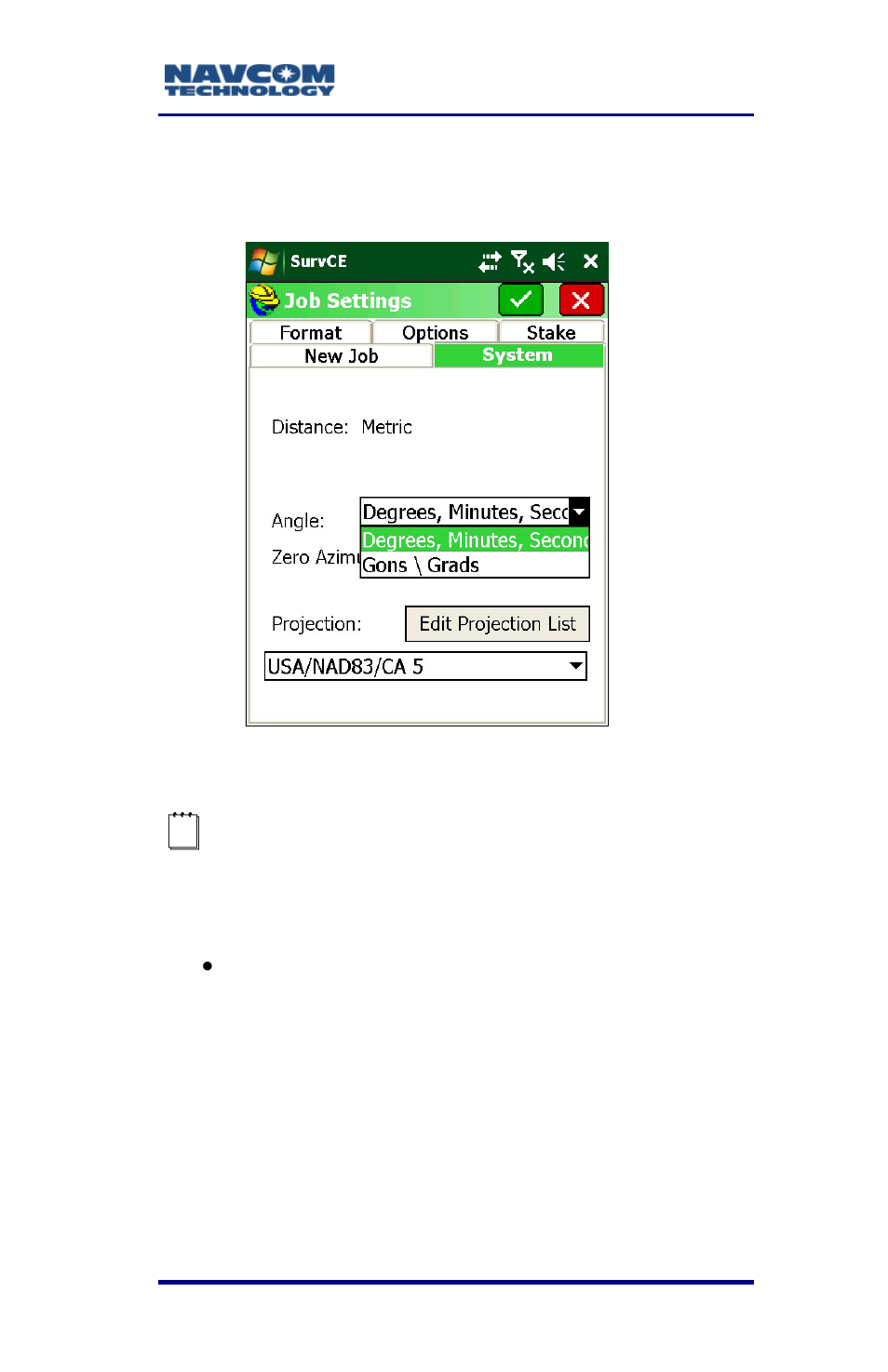 Figure 13: job settings submenu – system – angle, Dropdown | NavCom SurveCE Integration Rev.A User Manual | Page 43 / 150