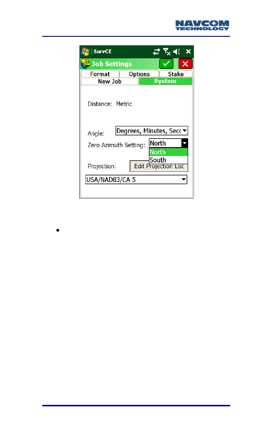 Figure 14: job settings submenu – system - zero, Azimuth setting | NavCom SurveCE Integration Rev.A User Manual | Page 44 / 150