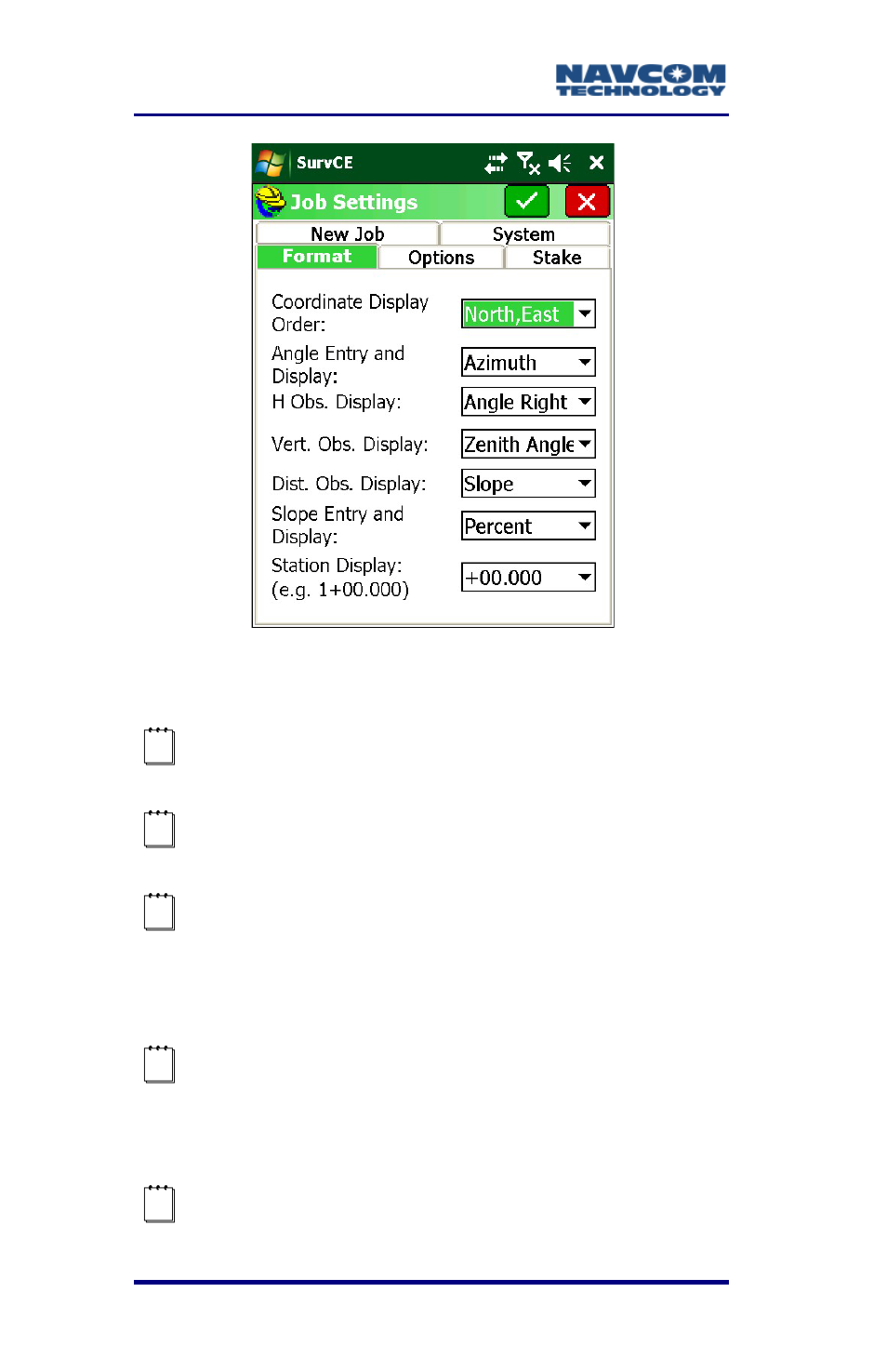 Figure 16: job settings submenu – format tab | NavCom SurveCE Integration Rev.A User Manual | Page 46 / 150