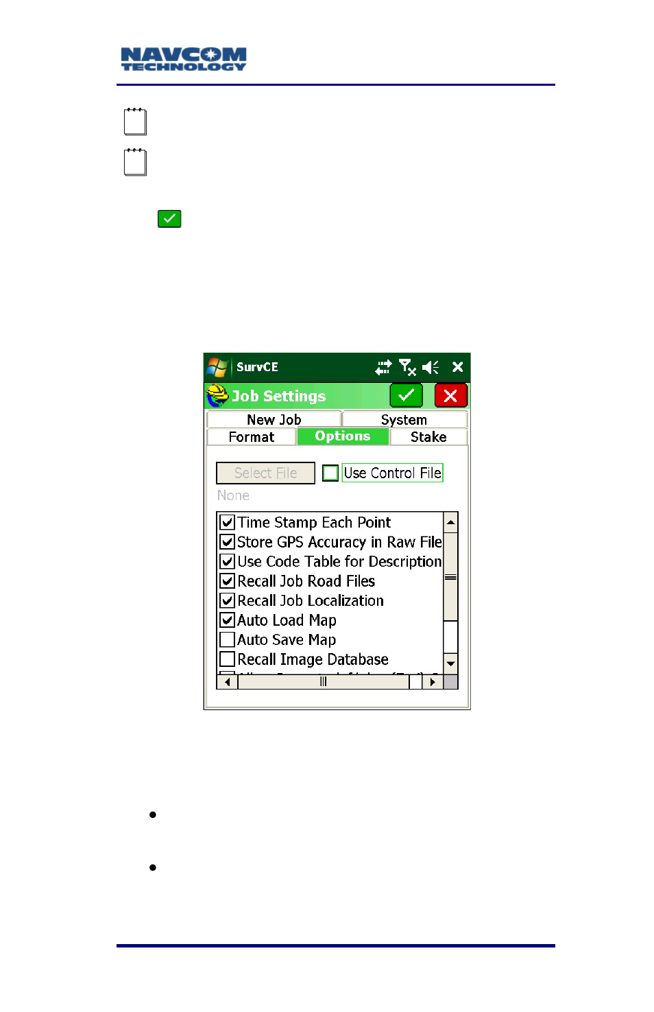 Figure 17: job settings submenu – options tab | NavCom SurveCE Integration Rev.A User Manual | Page 47 / 150
