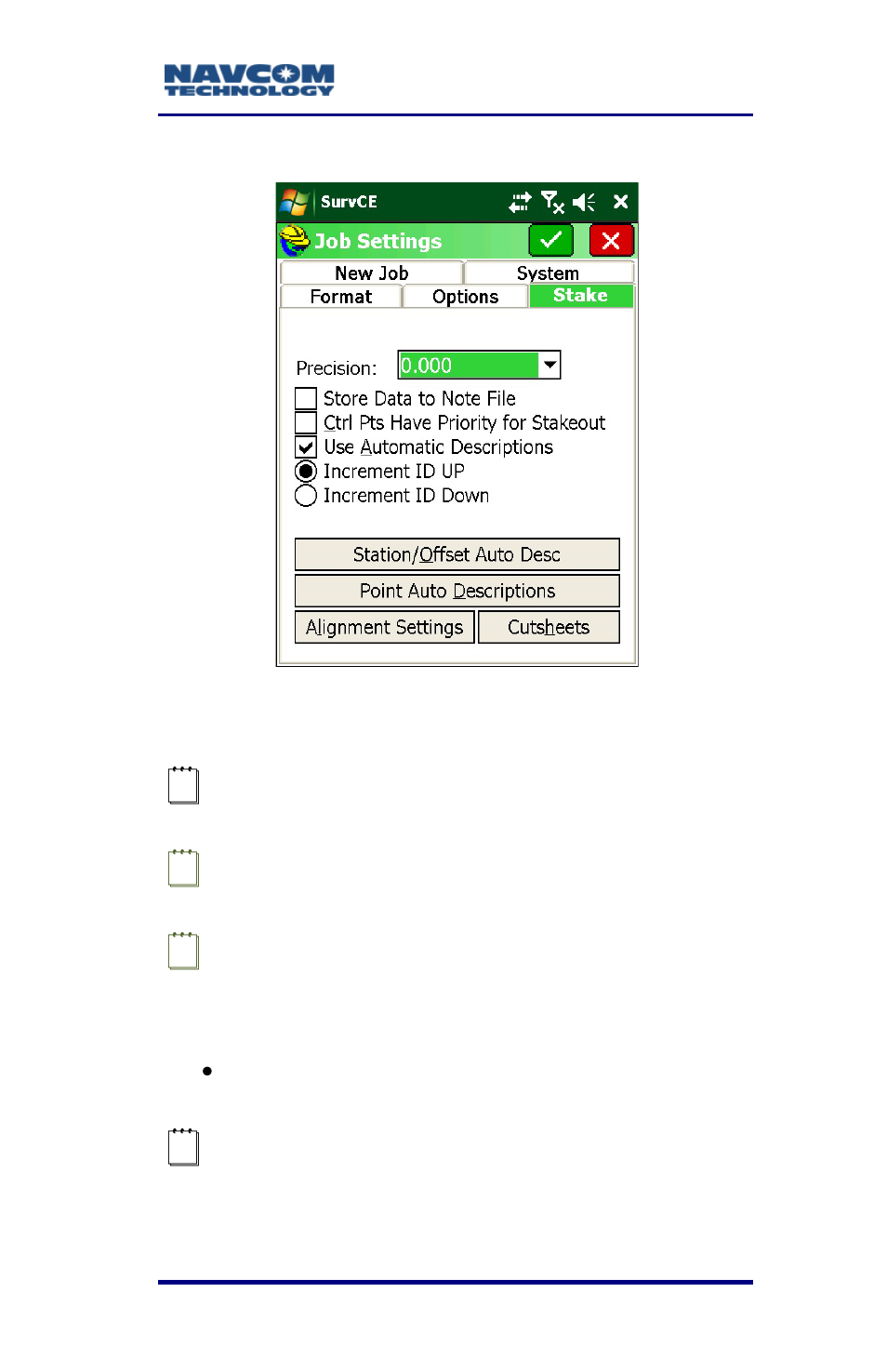 Figure 18: job settings submenu – stake tab | NavCom SurveCE Integration Rev.A User Manual | Page 49 / 150