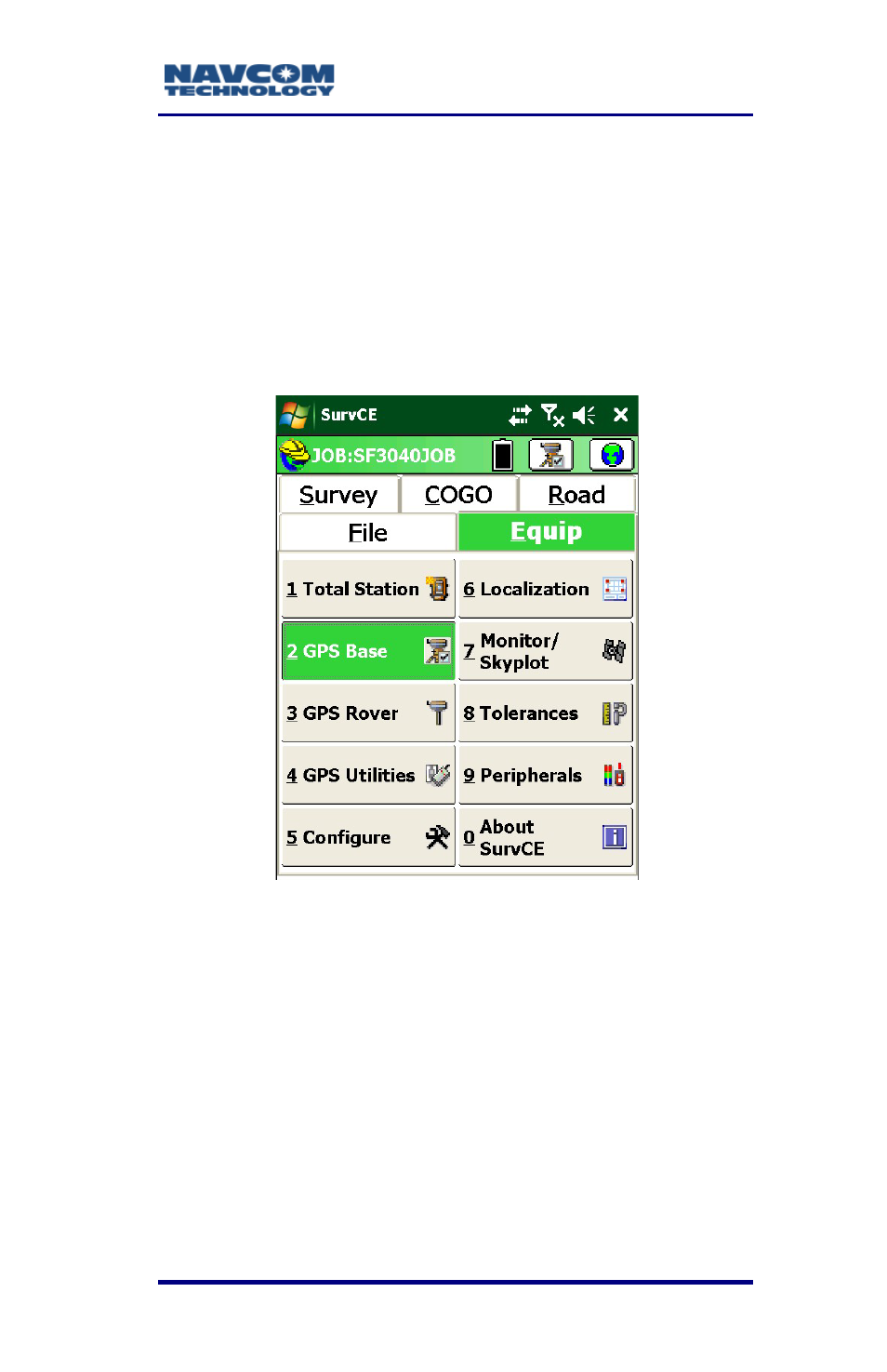 Gps base setup, Gps base setup -49, Figure 19: equip menu – gps base | NavCom SurveCE Integration Rev.A User Manual | Page 51 / 150