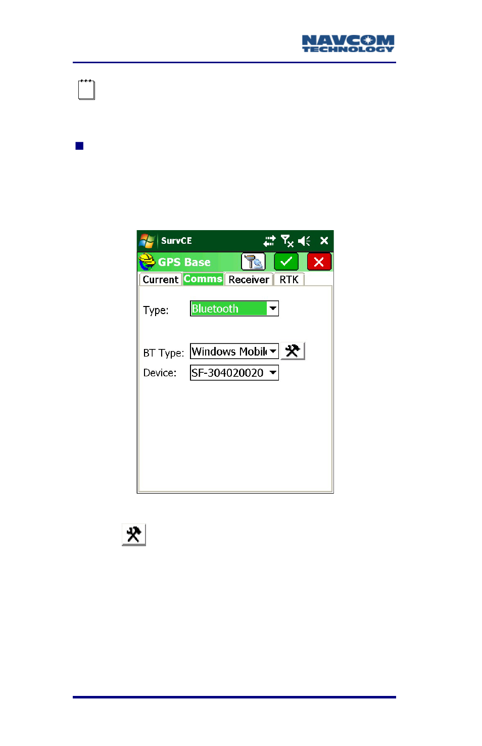 Figure 22: gps base submenu type: bluetooth | NavCom SurveCE Integration Rev.A User Manual | Page 54 / 150