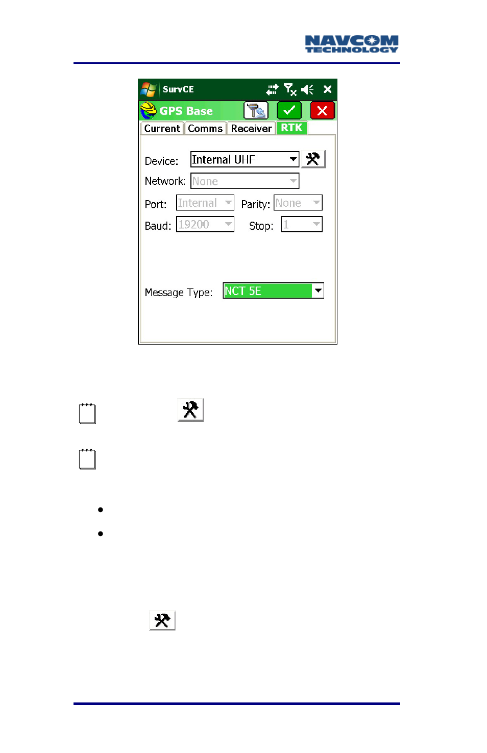 Figure 27: gps base submenu – rtk tab | NavCom SurveCE Integration Rev.A User Manual | Page 60 / 150