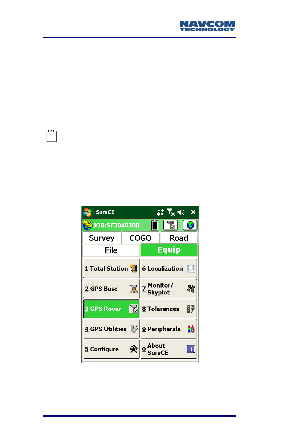Gps rover setup, Gps rover setup -68, Figure 34: equip menu – gps rover | NavCom SurveCE Integration Rev.A User Manual | Page 70 / 150