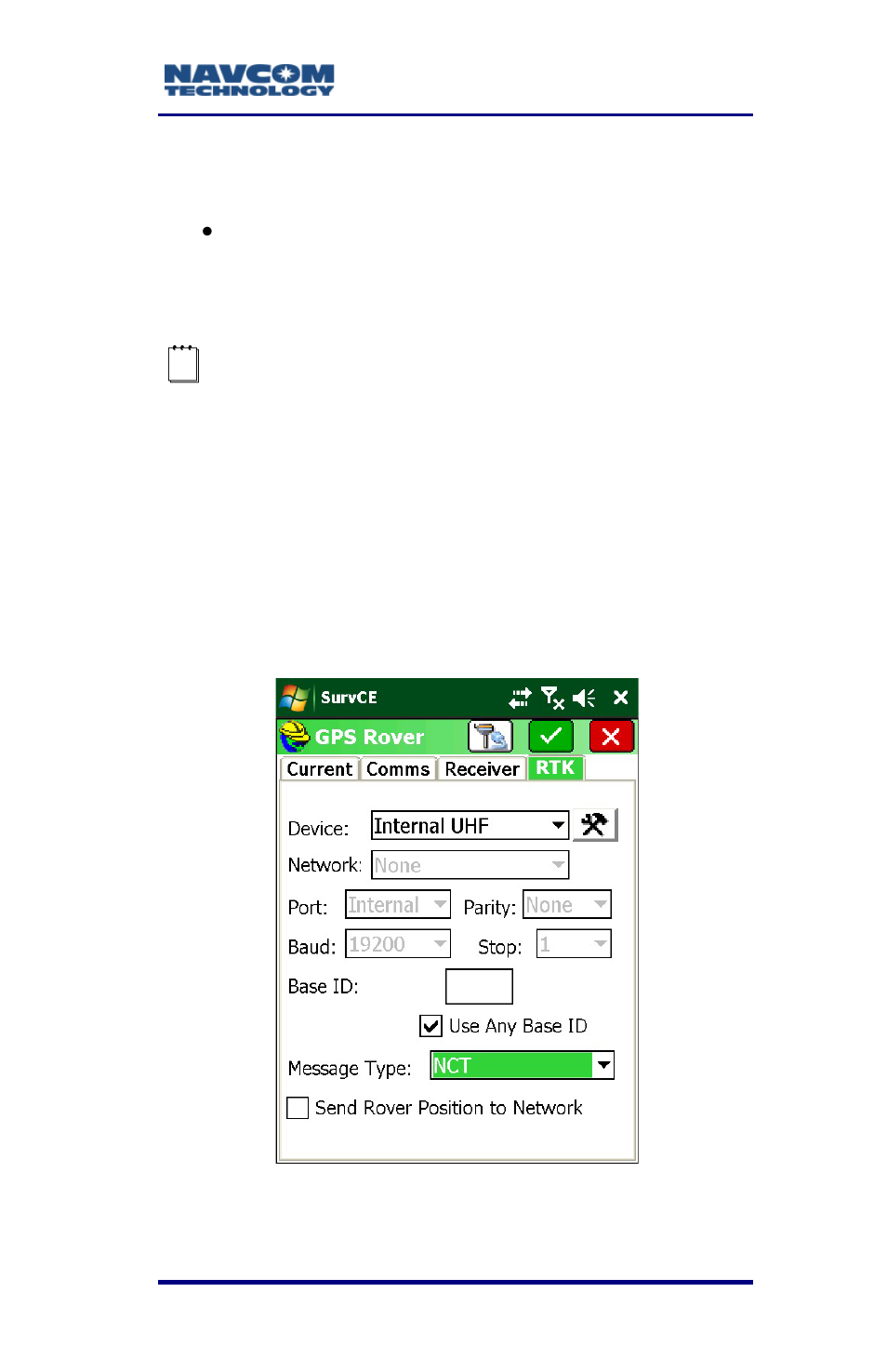 Figure 40: gps rover submenu – rtk tab | NavCom SurveCE Integration Rev.A User Manual | Page 77 / 150