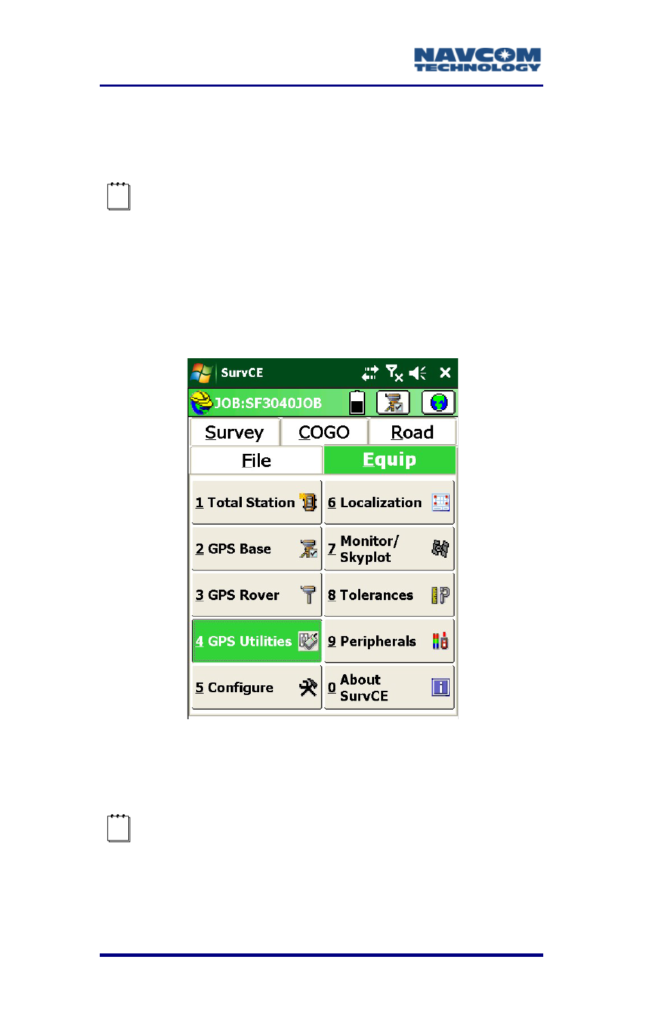 Gps utilities, Gps utilities -78, Figure 42: equip menu – gps utilities | NavCom SurveCE Integration Rev.A User Manual | Page 80 / 150